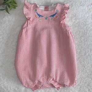 Joules Pink Stripe Bubble Romper 3-6M Sea Life EUC